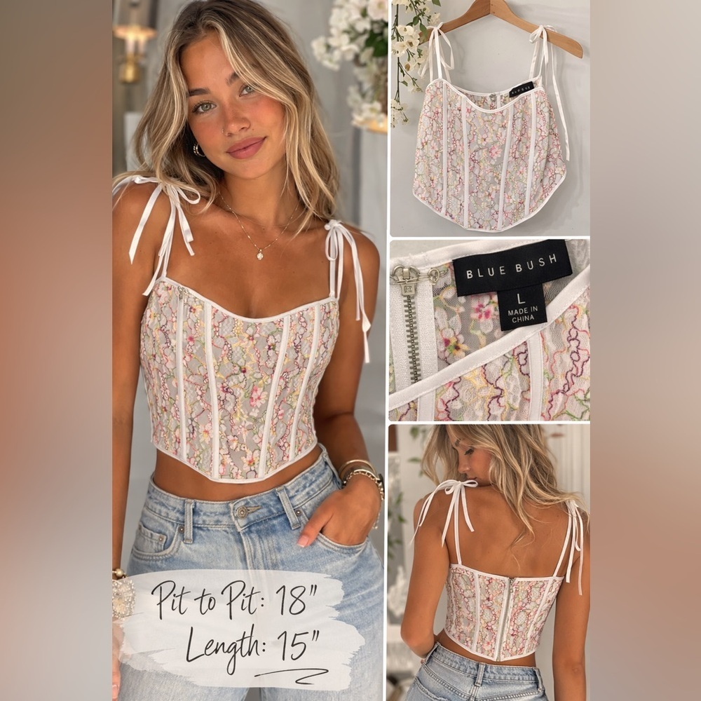 Blue Blush Floral Mesh Corset Top Size Large Lace Bustier